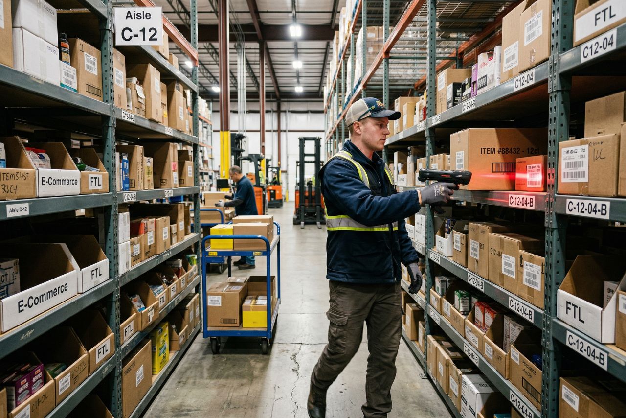 Warehouse picker with handheld scanner