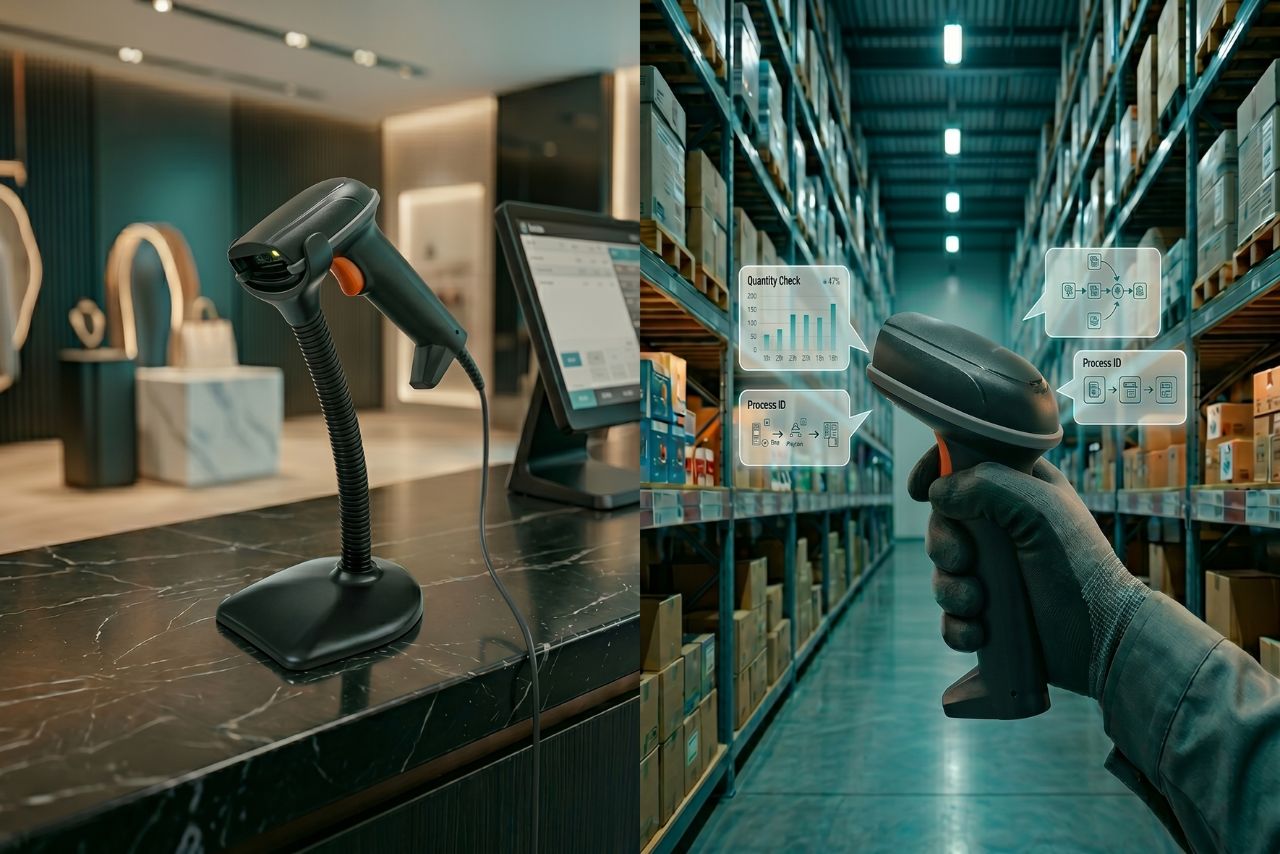 Split scene: left side shows worker at fixed POS station with wired scanner, right side shows warehouse worker mobile with wireless handheld