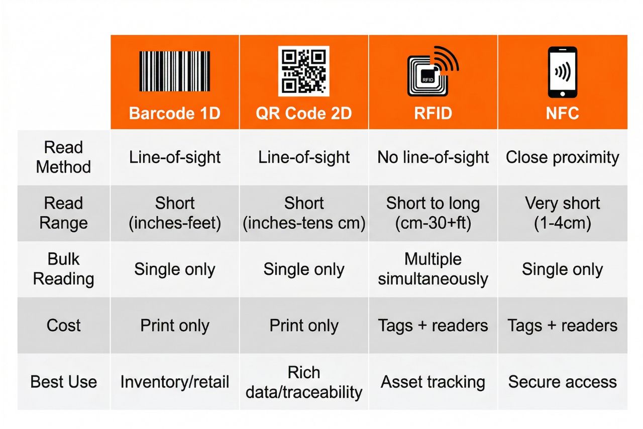 Barcode QR RFID NFC comparison
