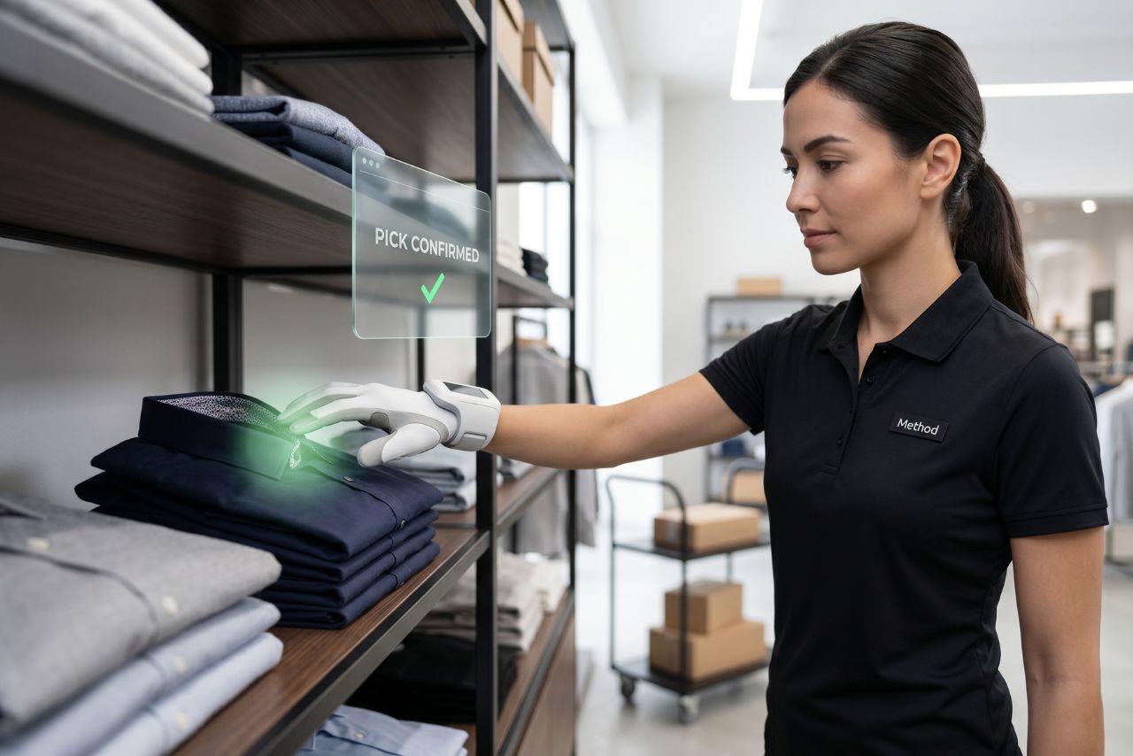 Retail employee using RFID handheld reader to scan clothing items on a rack in a store