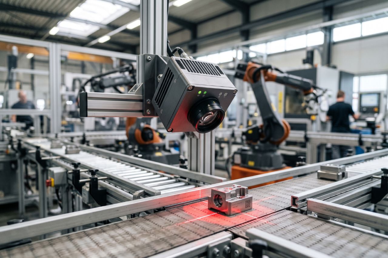 Fixed-mount barcode scanner mounted above industrial conveyor line, scanning boxes passing through